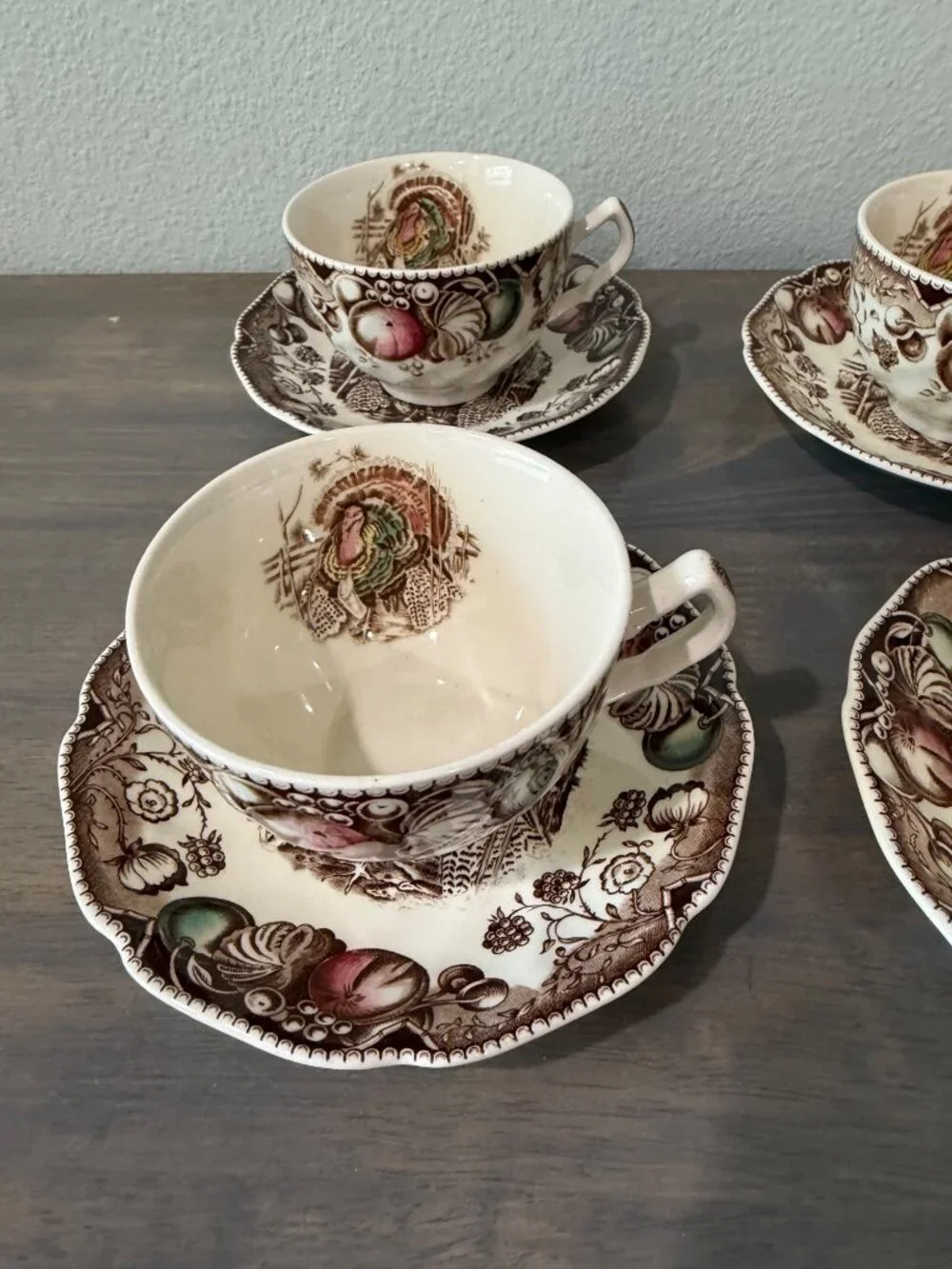 Johnson Brothers His Majesty Thanksgiving Turkey Cups and Saucers Set of 4
